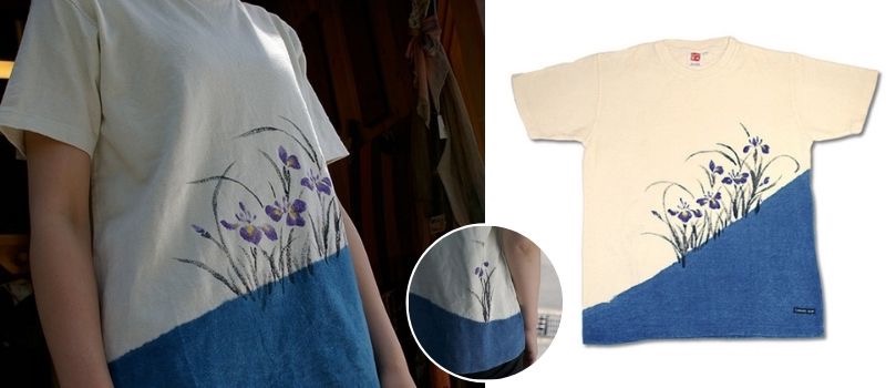 みつる工芸のヘンプコットン手描きTシャツ（半袖）【菖蒲（あやめ）】 藍染め